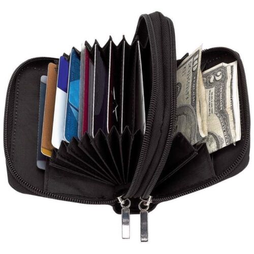 Accordion Wallet Black Solid Leather Zip Around Clear Id Credit Card Case Holder